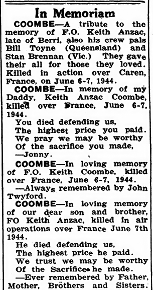In Memoriam notices for Flying Officer Keith Anzac COOMBE, RAAF. From the Murray Pioneer (Renmark, South Australia), 7 June 1945 page 7
